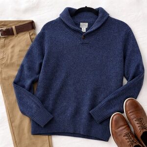 J.Crew Rugged Merino Wool Shawl Collar Sweater Blue Button Neck Men’s Size XL